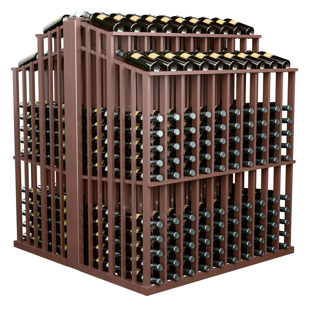 Dark brown commercial wine bottle display cube with 2-tier bottle holders
