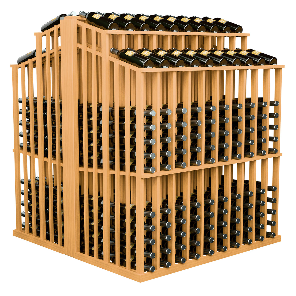 Warm wood wine bottle display with side bottle rows and two top rows of bottles.