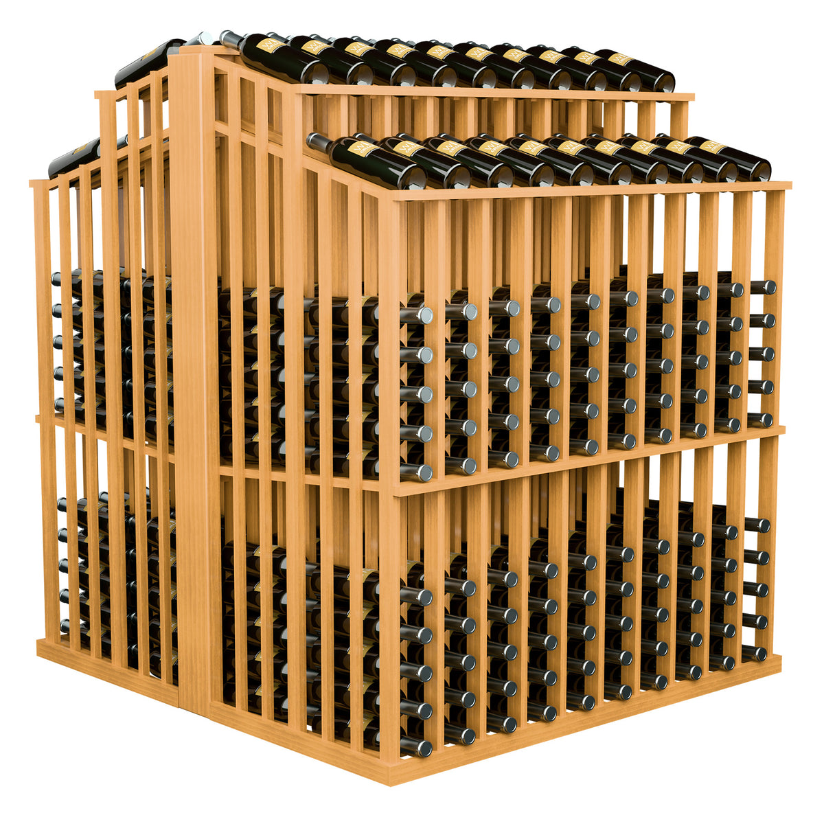 Light tan wine bottle display with 2-tier bottle racks and front glass-bottle holders