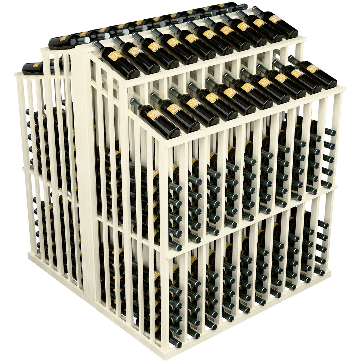 White wine bottle display rack with two tiers holding green bottles