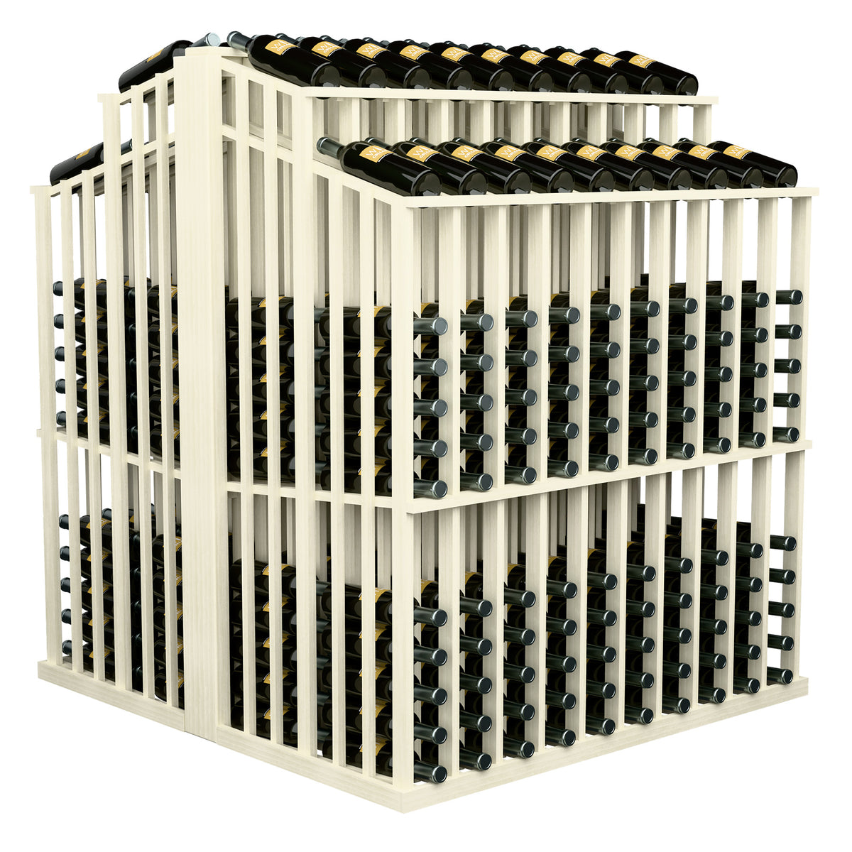 Cream-colored wine bottle display rack with dark bottles in front and top compartments