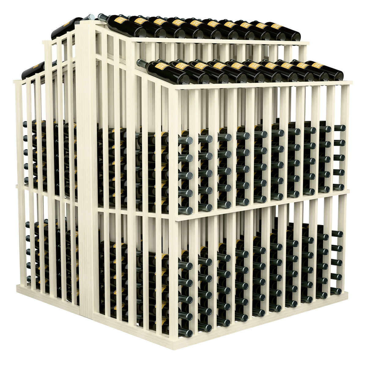 White double-deep wine bottle display with open slat sides and 2 bottle rows