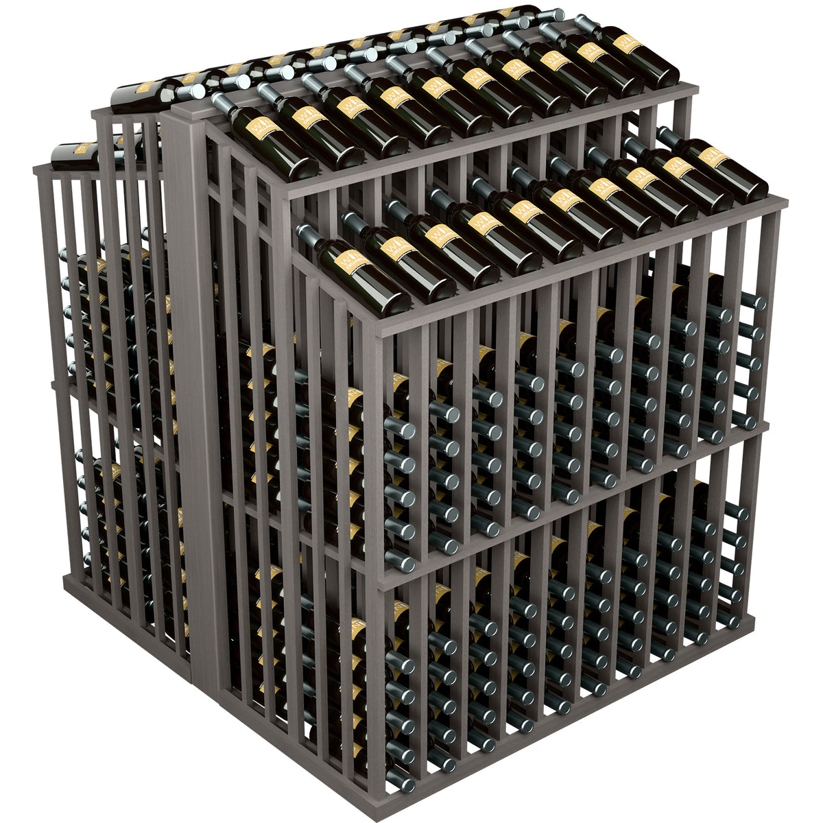 Gray wine bottle display rack with two tiers and green bottles in holders
