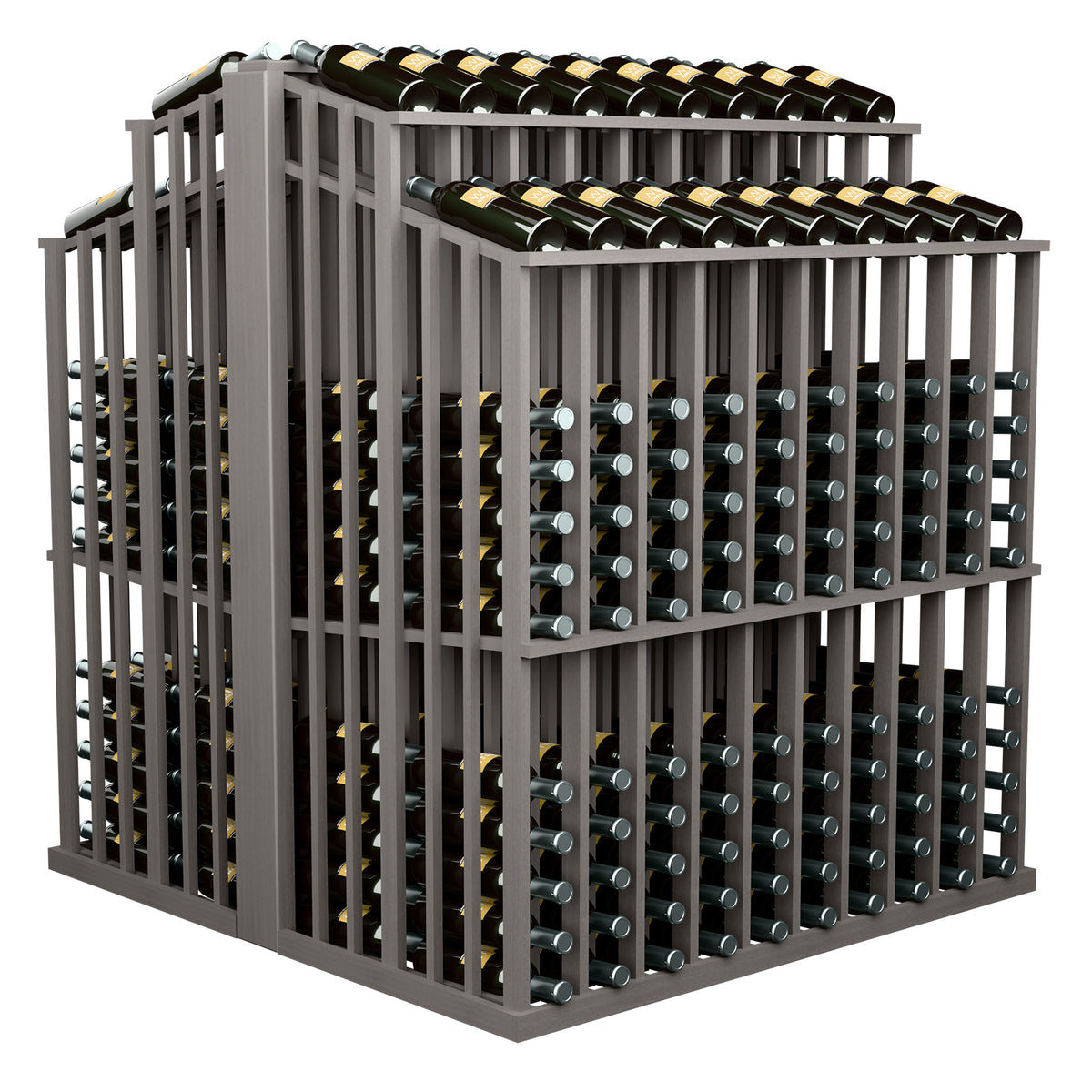 Double-sided wine bottle display rack with top bottles and dark vertical slat supports
