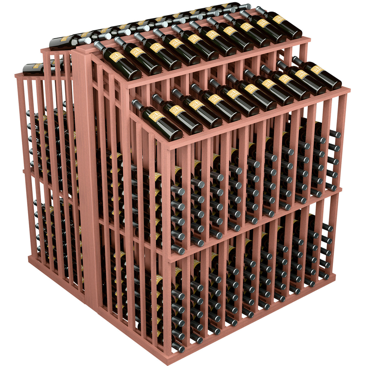 Double-reveal bottle display rack with black bottles and reddish wood frame.