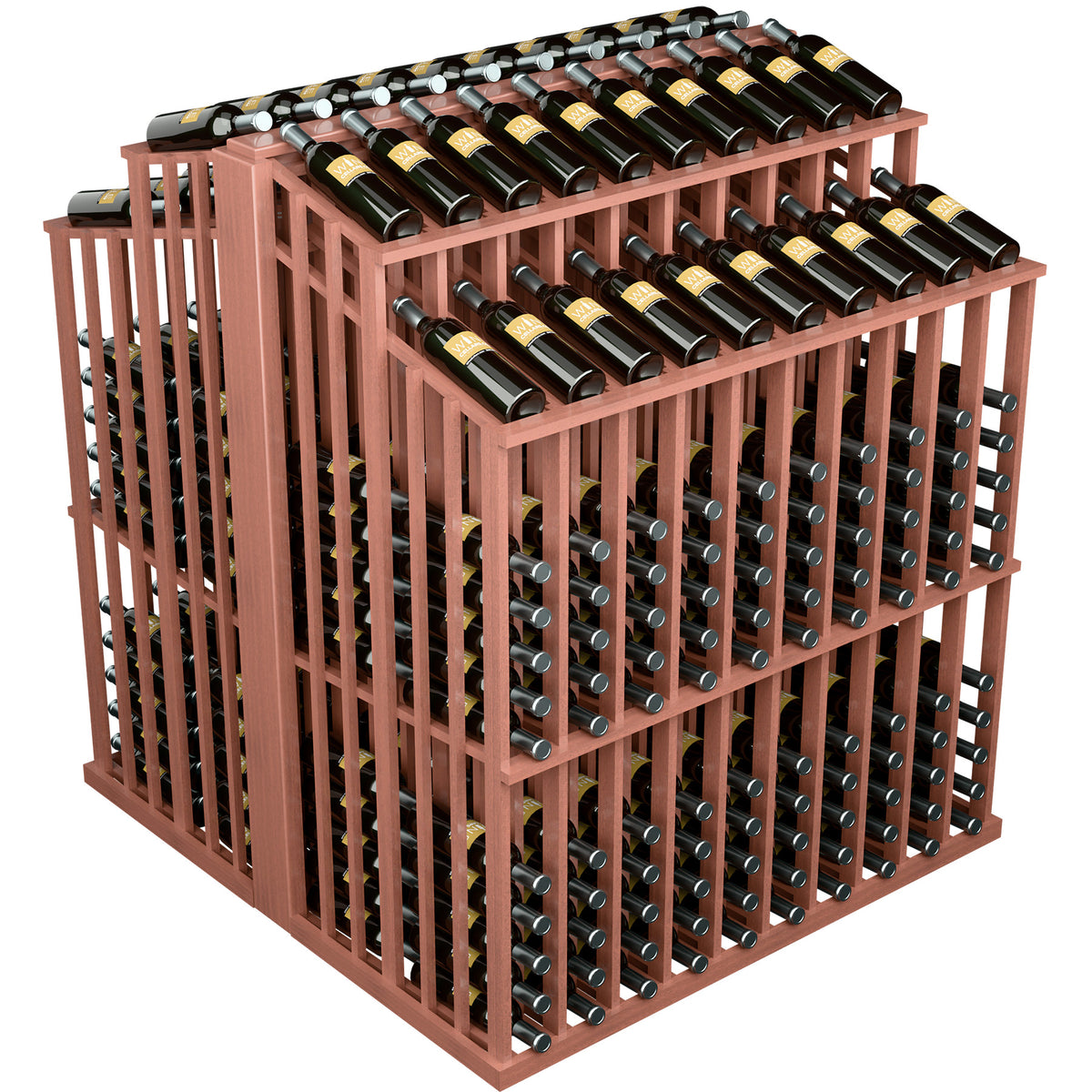 Double-deep bottle display with top bottle row and side bottle slots, red wood frame