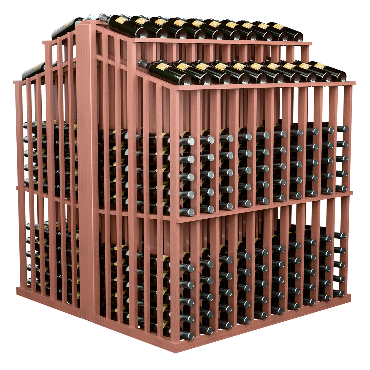 Double-deep bottle display with front bottle slots and top row, red wood frame