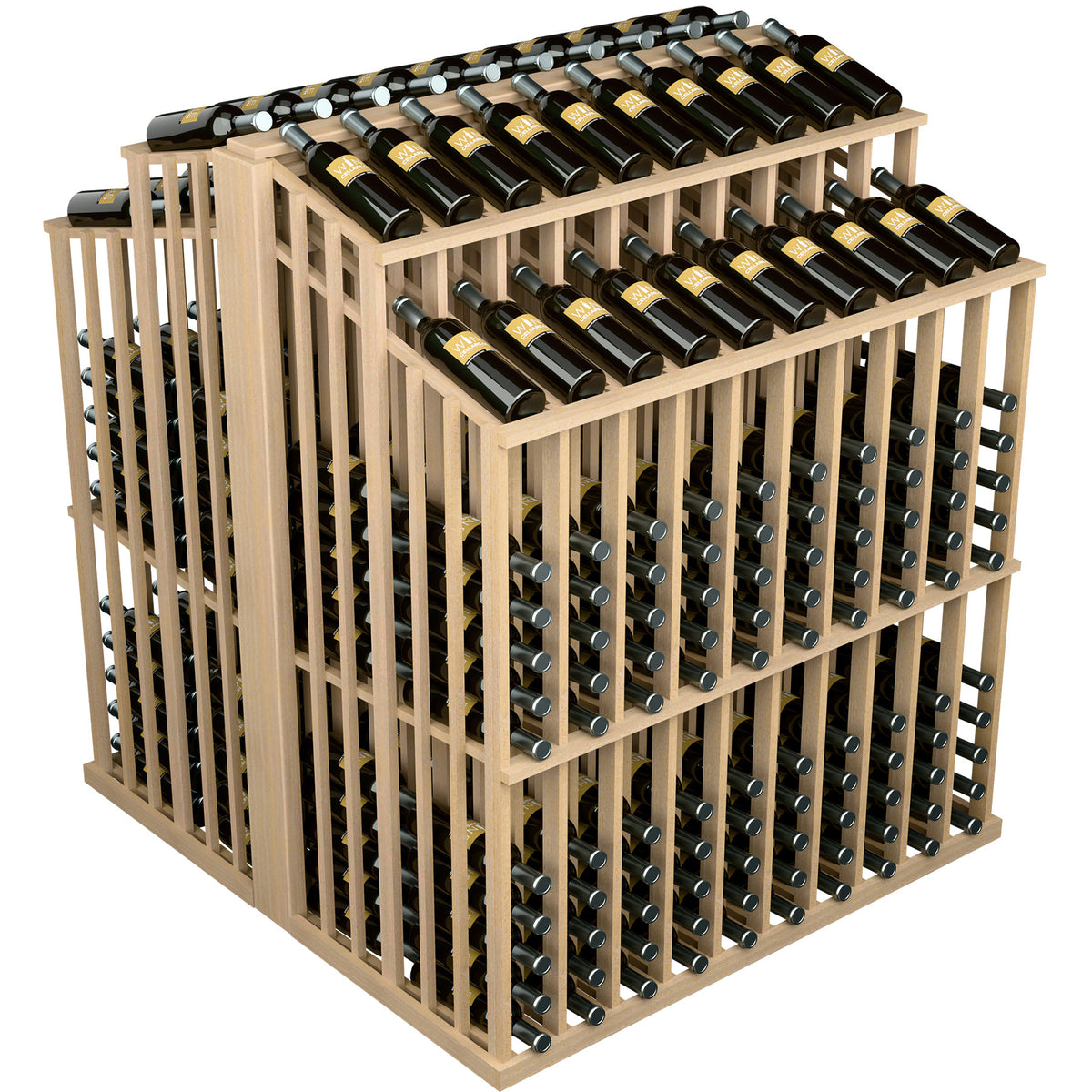 Light wood commercial wine display with side bottle holes and double top bottle trays.