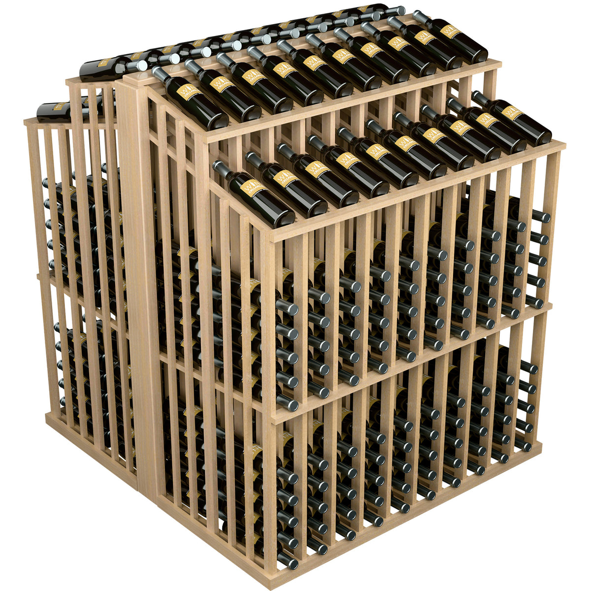Double-deep bottle display with top bottle row and side bottle slots, light wood frame
