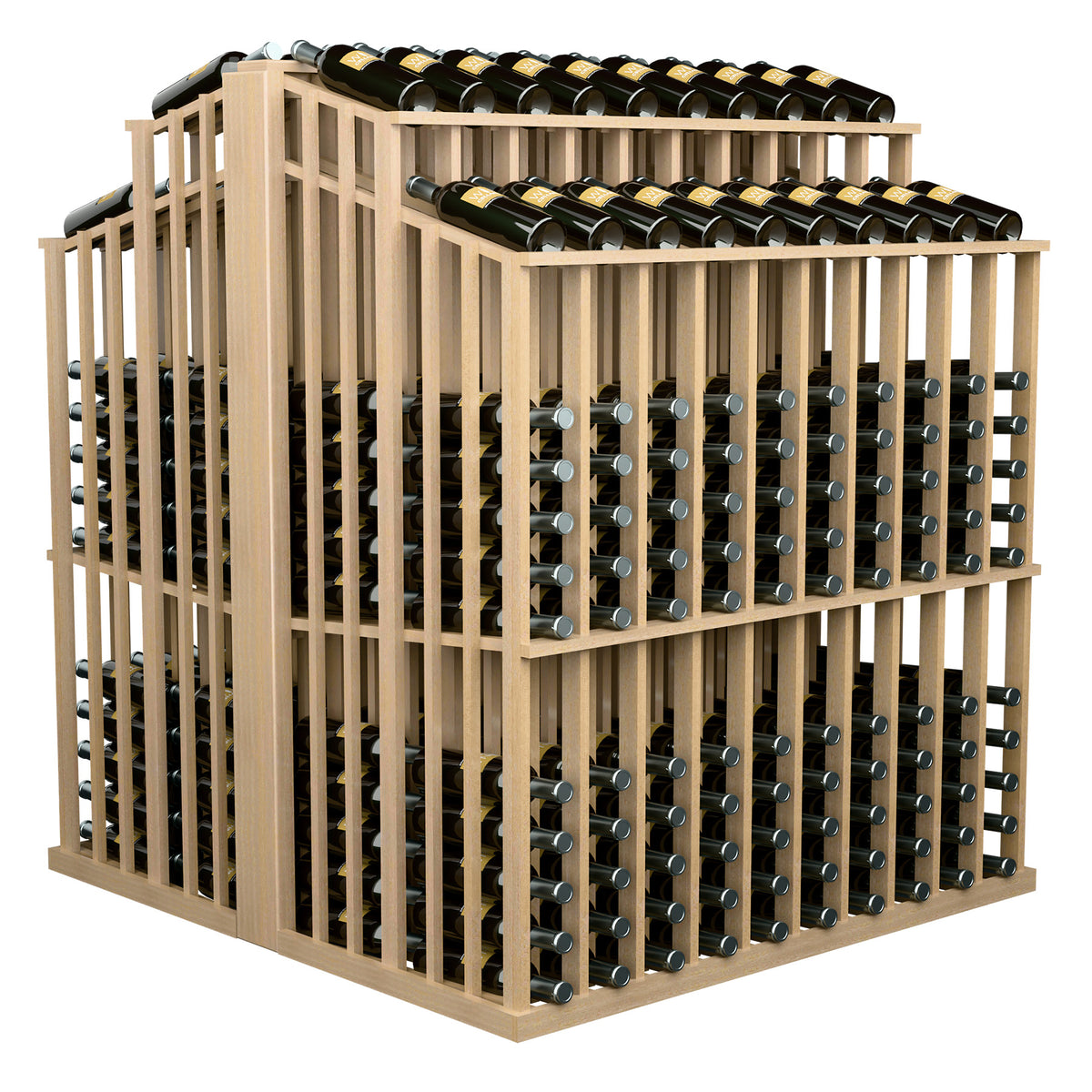 Double-deep bottle display showing front bottle slots and top row, light wood frame
