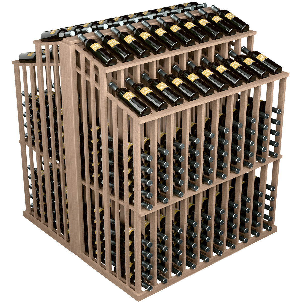 Gray-stained wine bottle aisle display rack with front bottle slots and stacked bottle rows