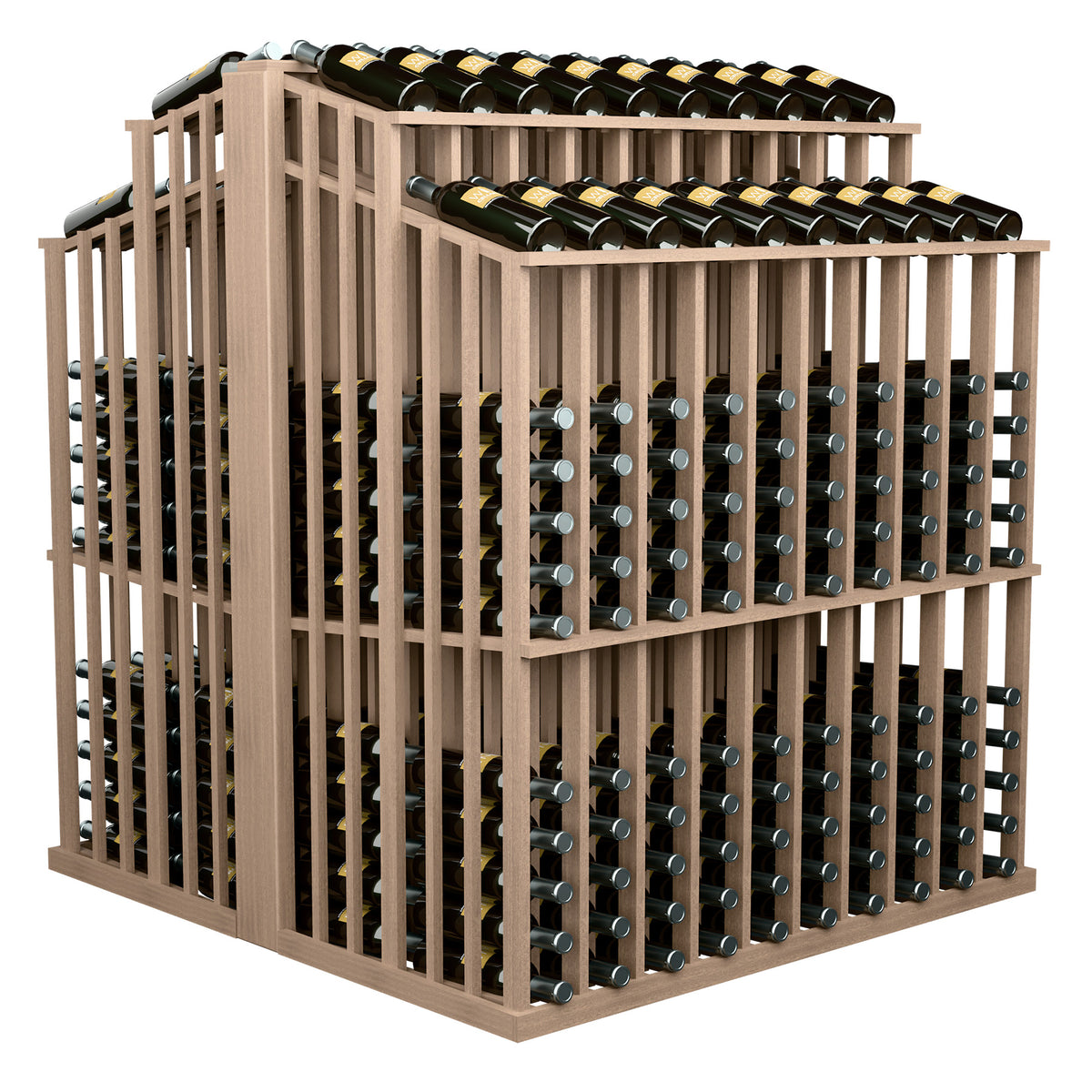 Light wood wine bottle display rack with front bottle holders and two rows of bottles on top