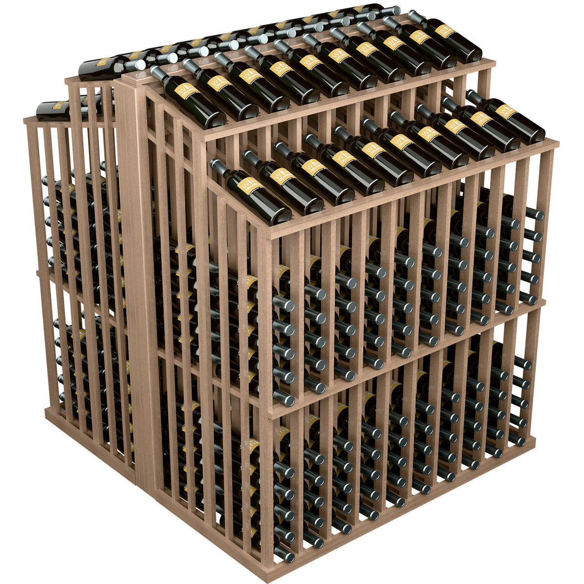 Double-deep bottle display with top bottle row and side bottle slots, light wood frame