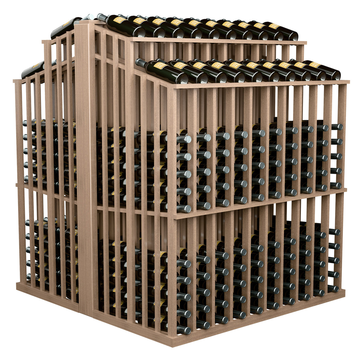 Double-deep bottle display with front bottle slots and top row, light wood frame