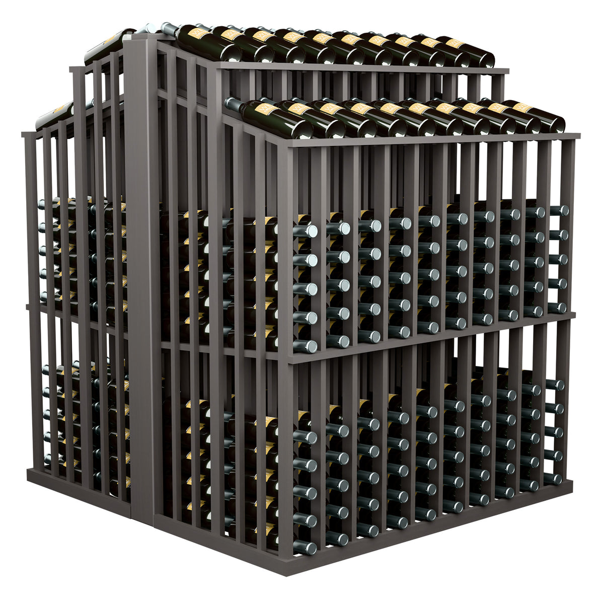 Double-sided wine bottle display rack with top row bottles and dark vertical slat sides