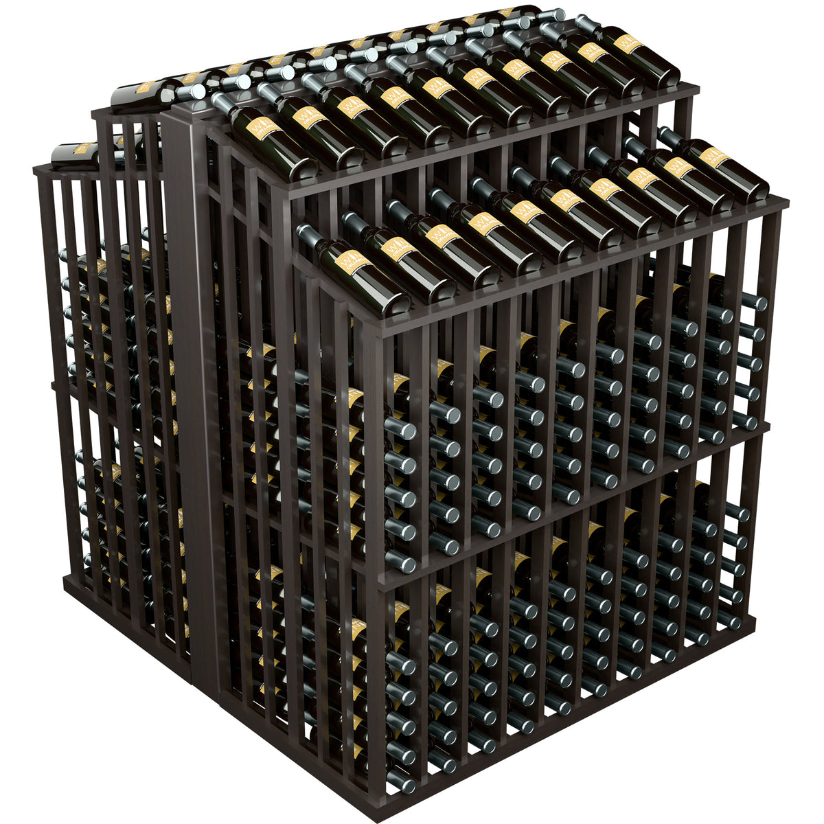 Double-deep bottle display with top bottle row and front bottle slots, dark gray frame