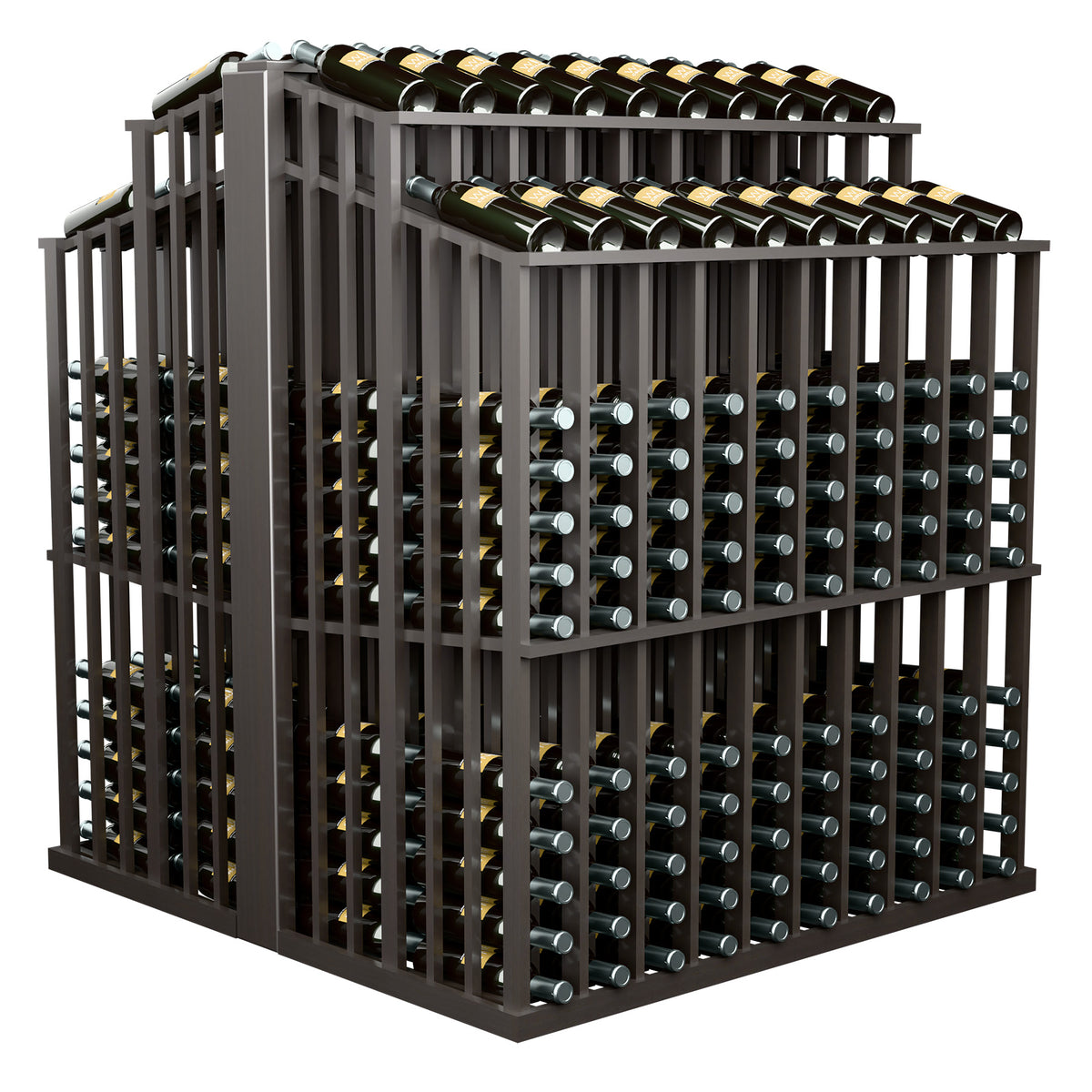 Double-deep bottle display with front bottle slots and top row, dark gray frame