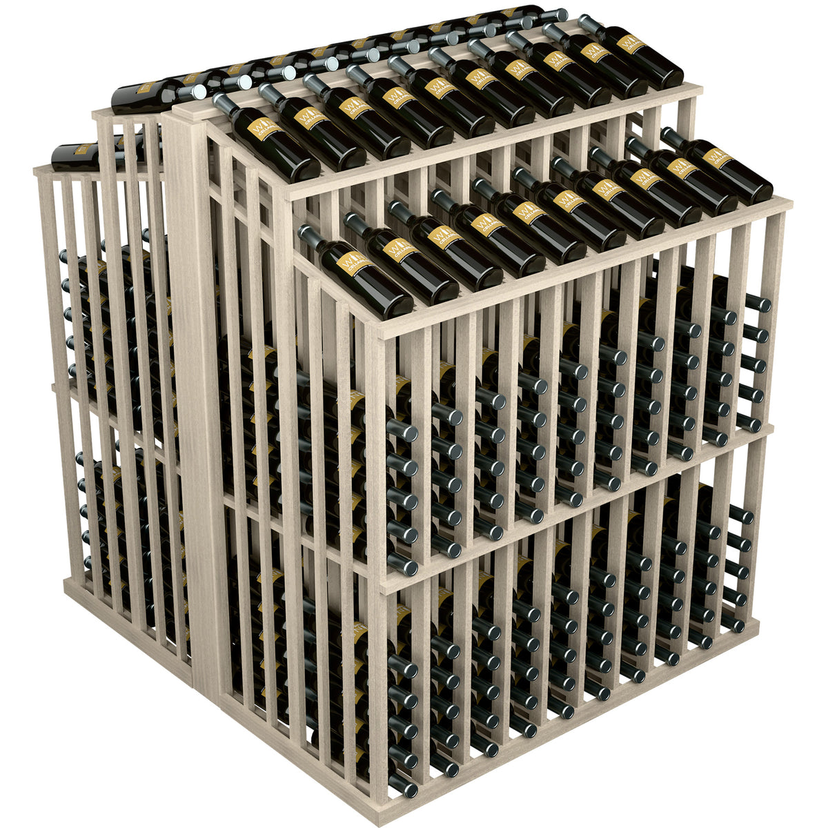 Wine bottle double aisle display with white wood frame and multiple bottle rows