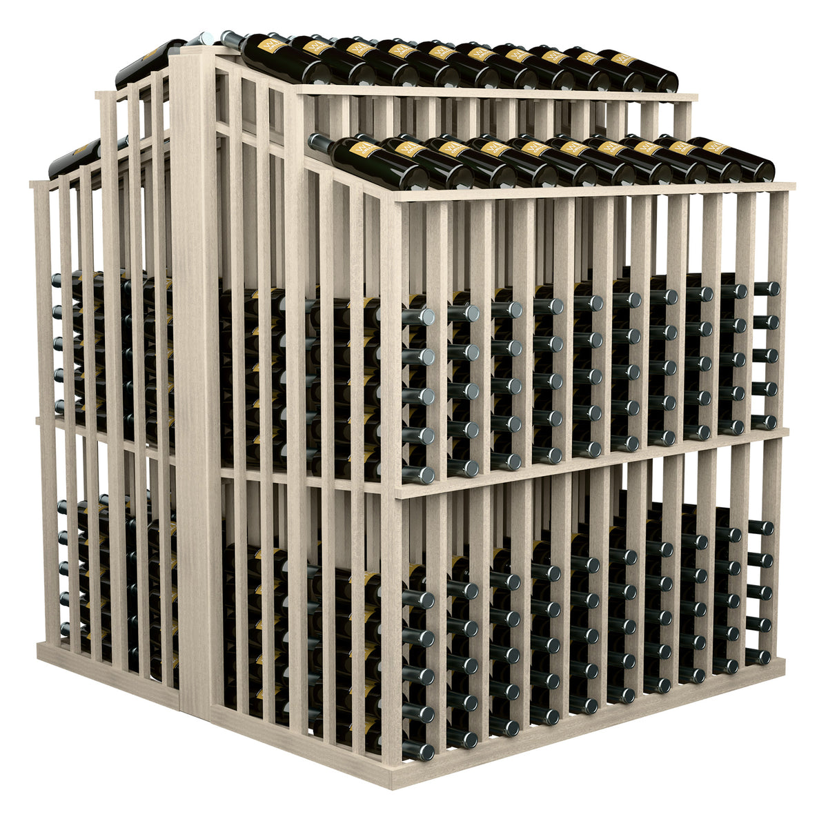 Gray-toned wine bottle display rack with front bottle holders and top rows of dark bottles