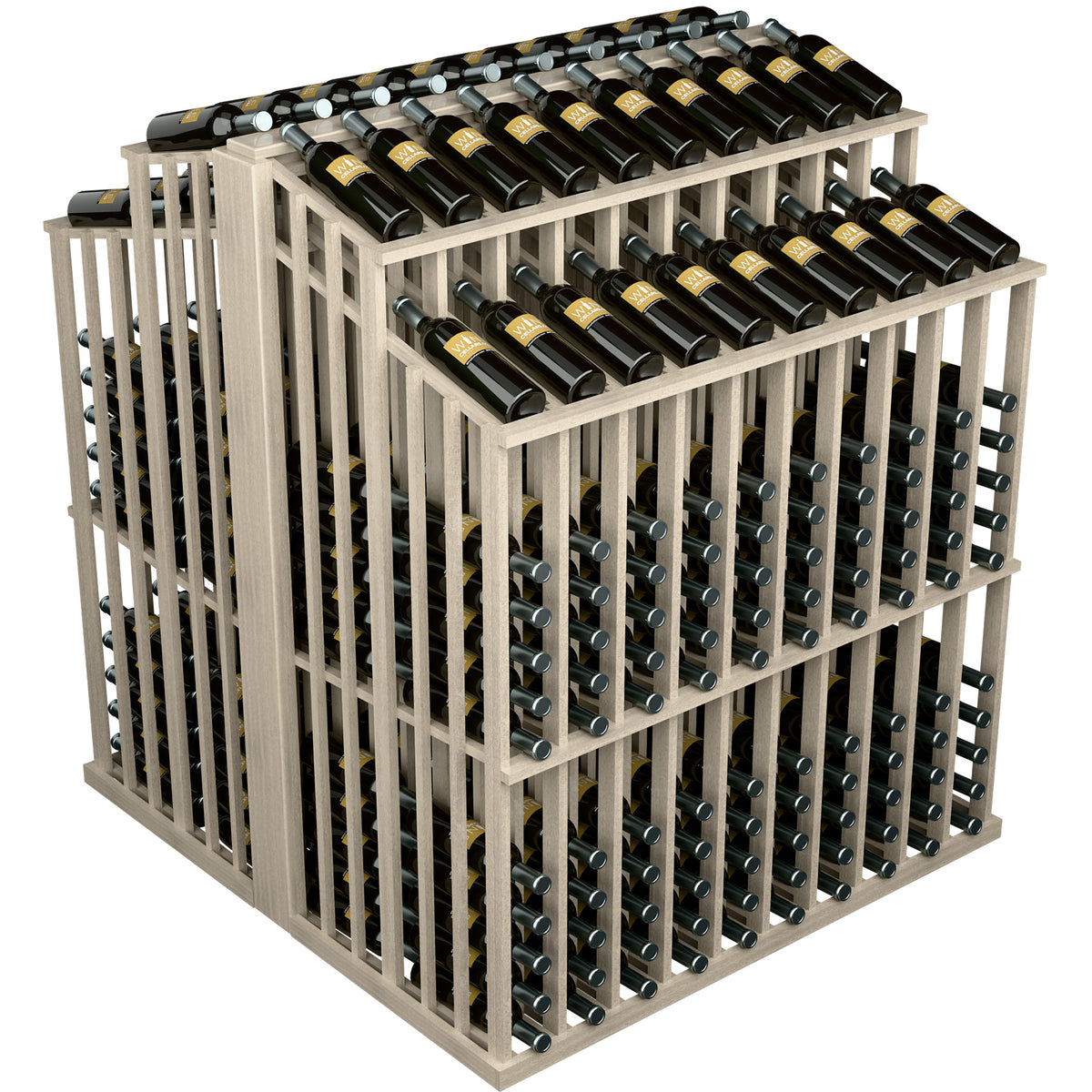 Double-deep wine bottle display rack, light gray wood, two top tiers of bottle slots