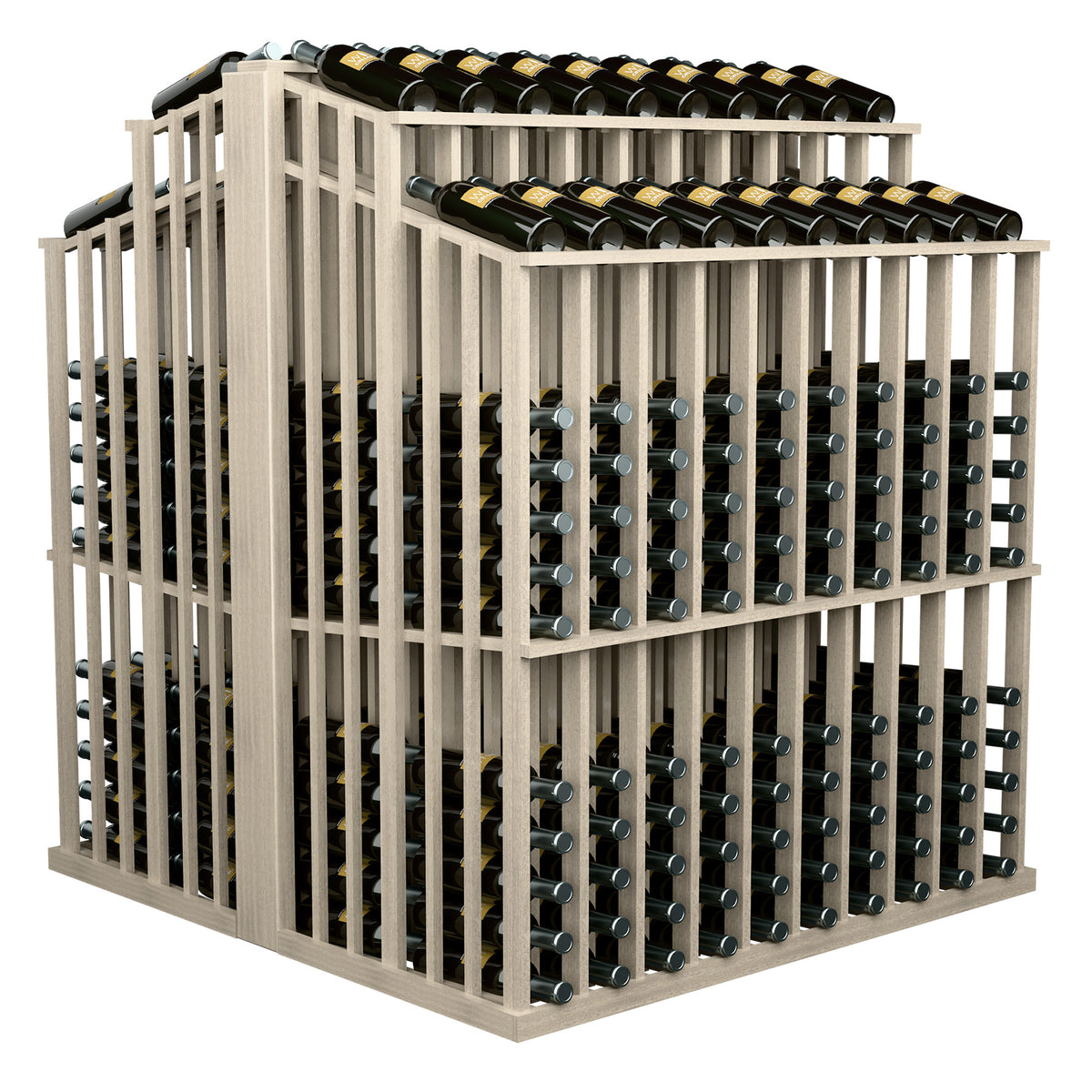 Double-deep wine bottle display rack, light gray wood, side view of two rows of bottle holders