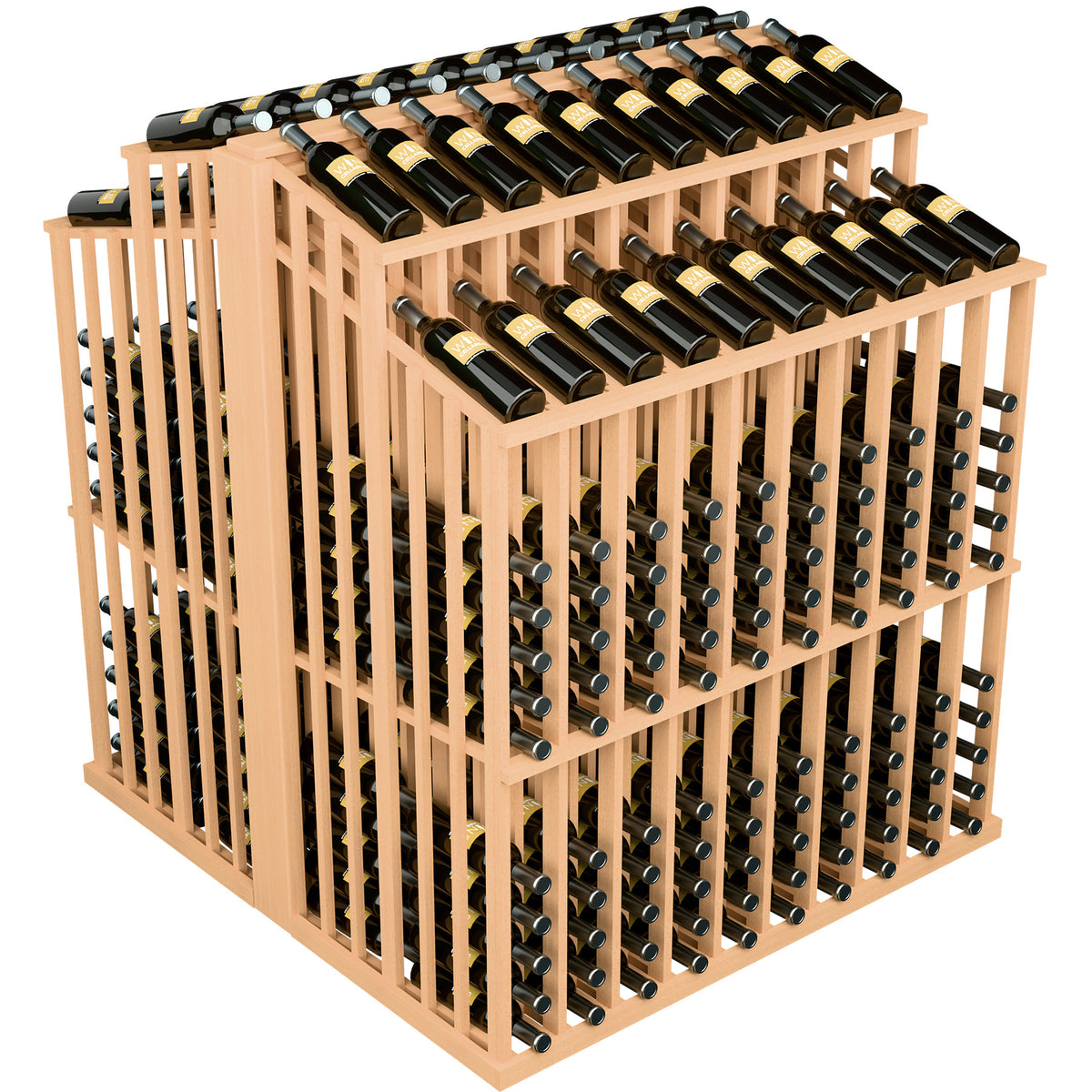 Wood bottle display rack with two tiers, black bottles, and bottle holder grid.