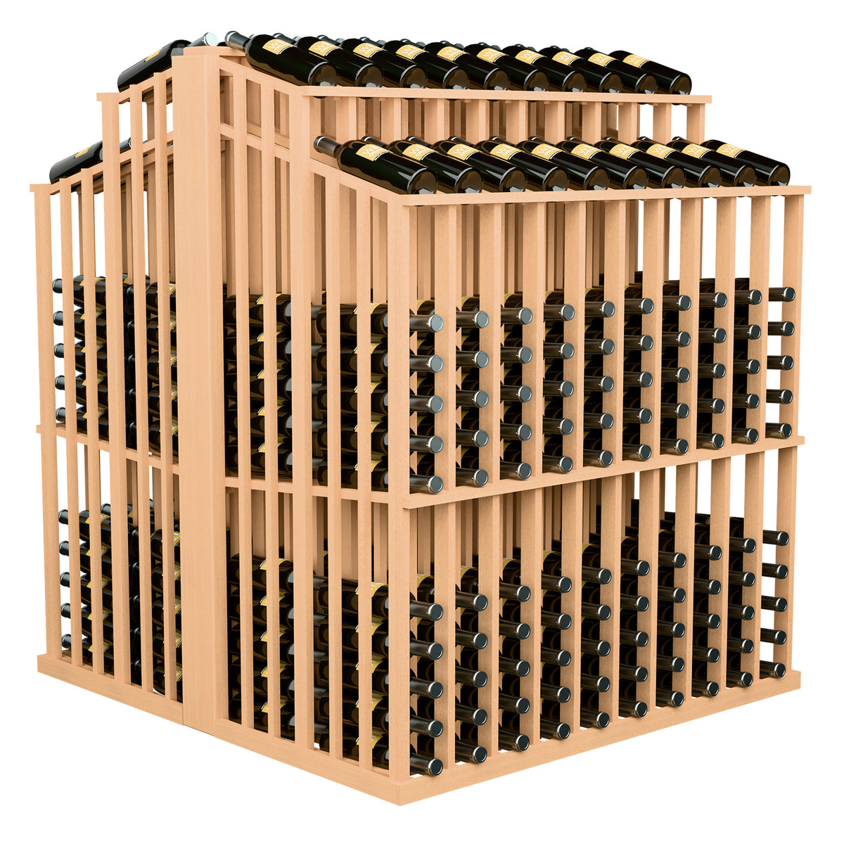 Beige wine bottle display rack with front bottle holders and two rows of dark bottles on top
