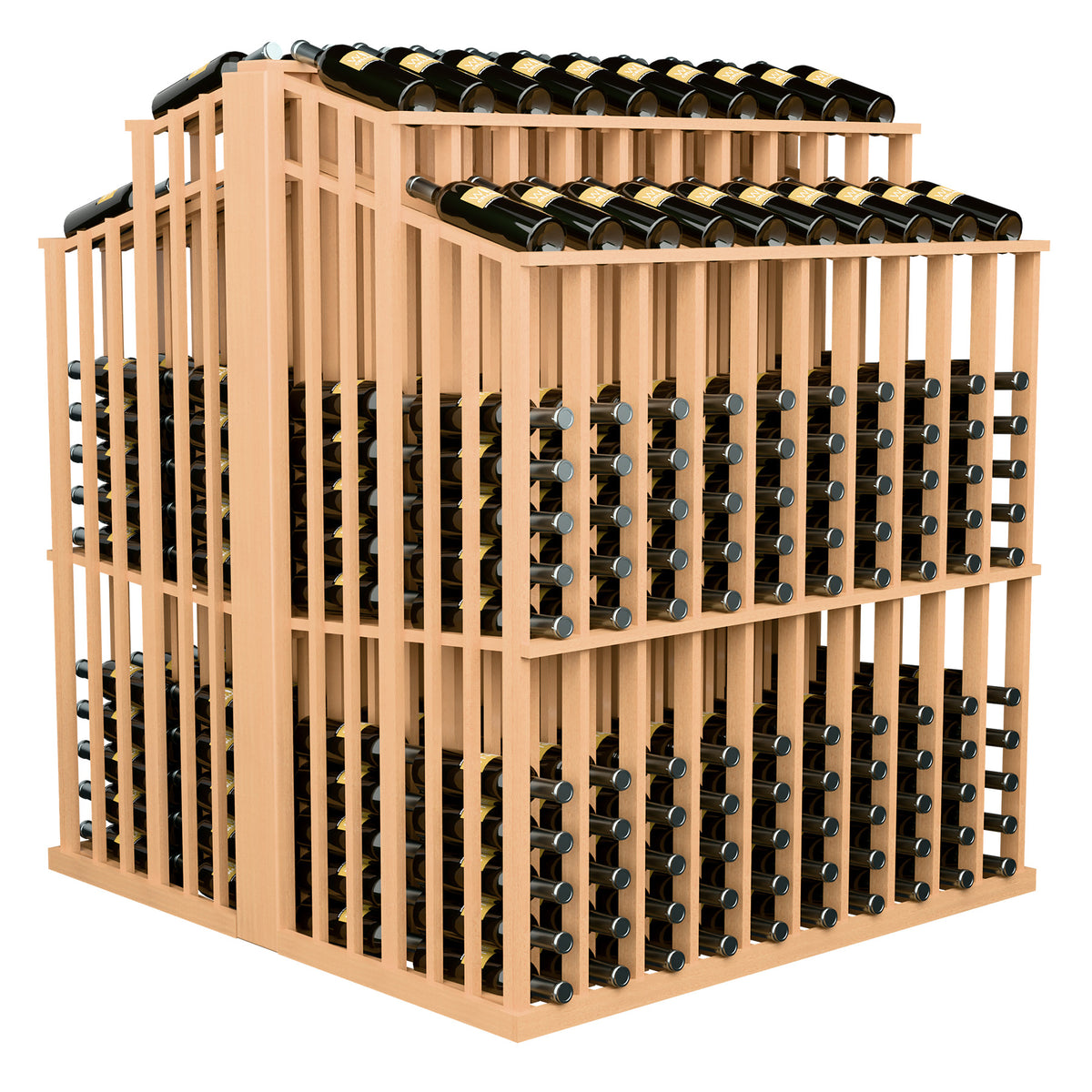 Double-deep wine bottle display rack, natural wood tone, front side with bottle holders and two tiers