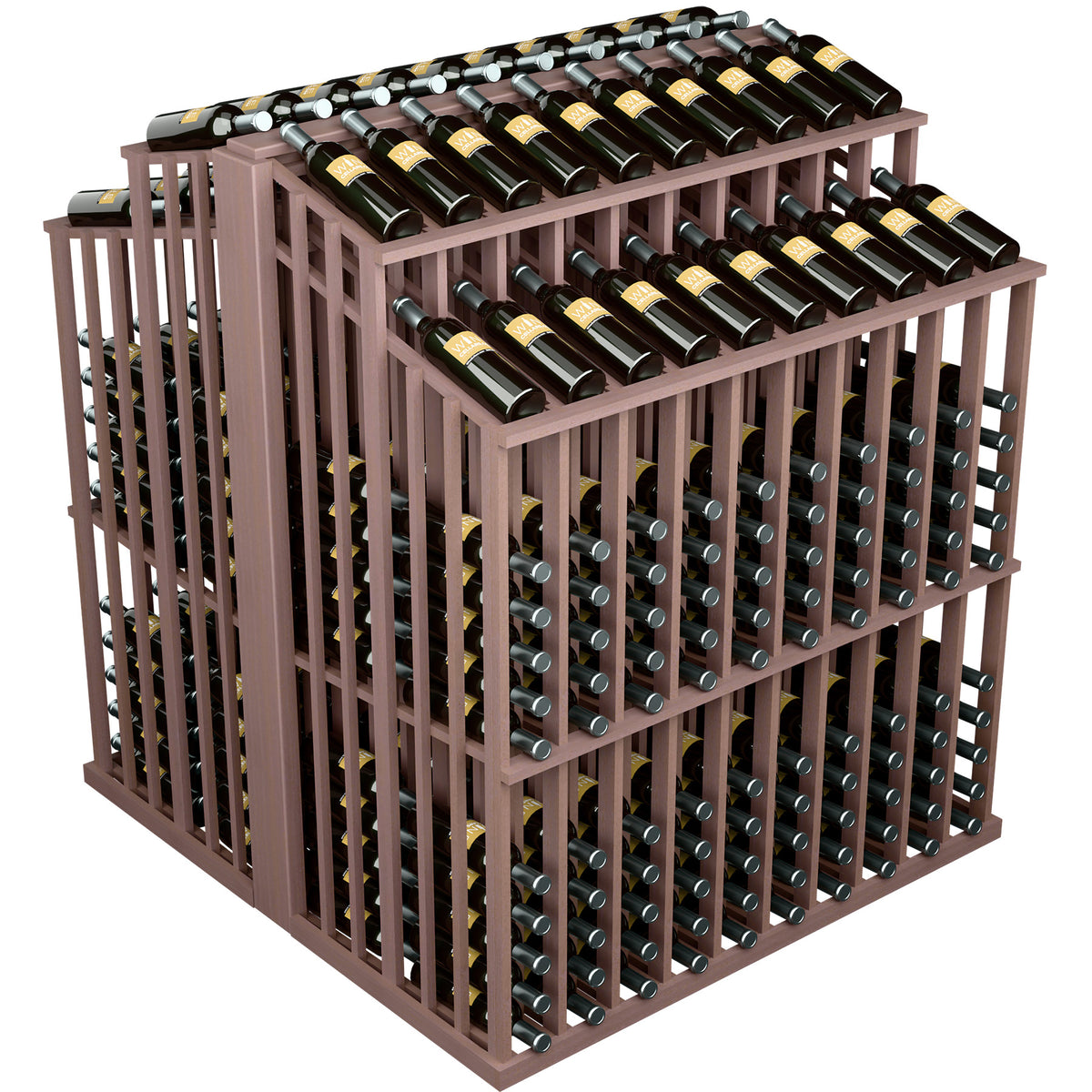 Medium brown wine bottle aisle display rack with front bottle slots and stacked bottle rows