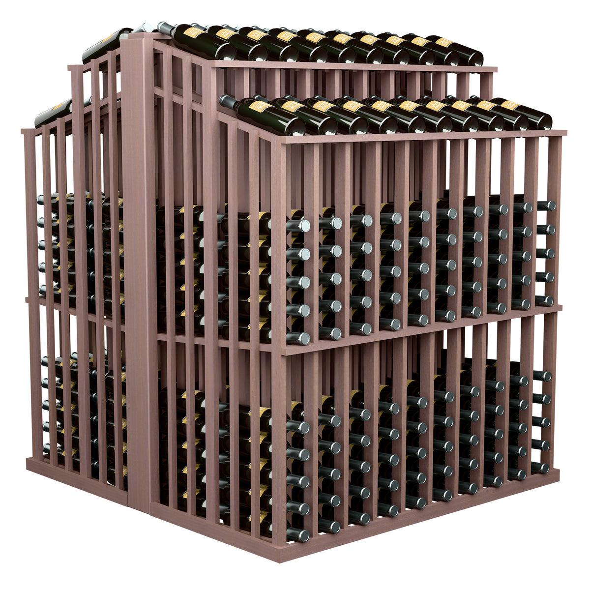 Wine bottle double aisle display with medium brown wood slats and bottle rows