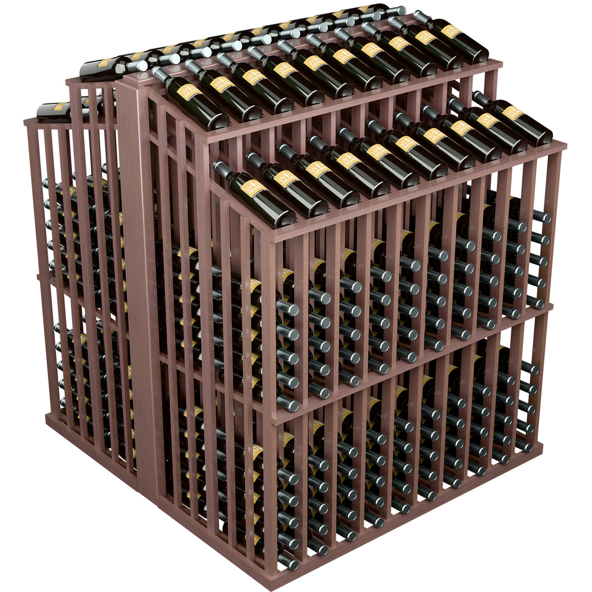 Double-deep wine bottle display rack, dark brown wood tone, two-tier top with bottle slots
