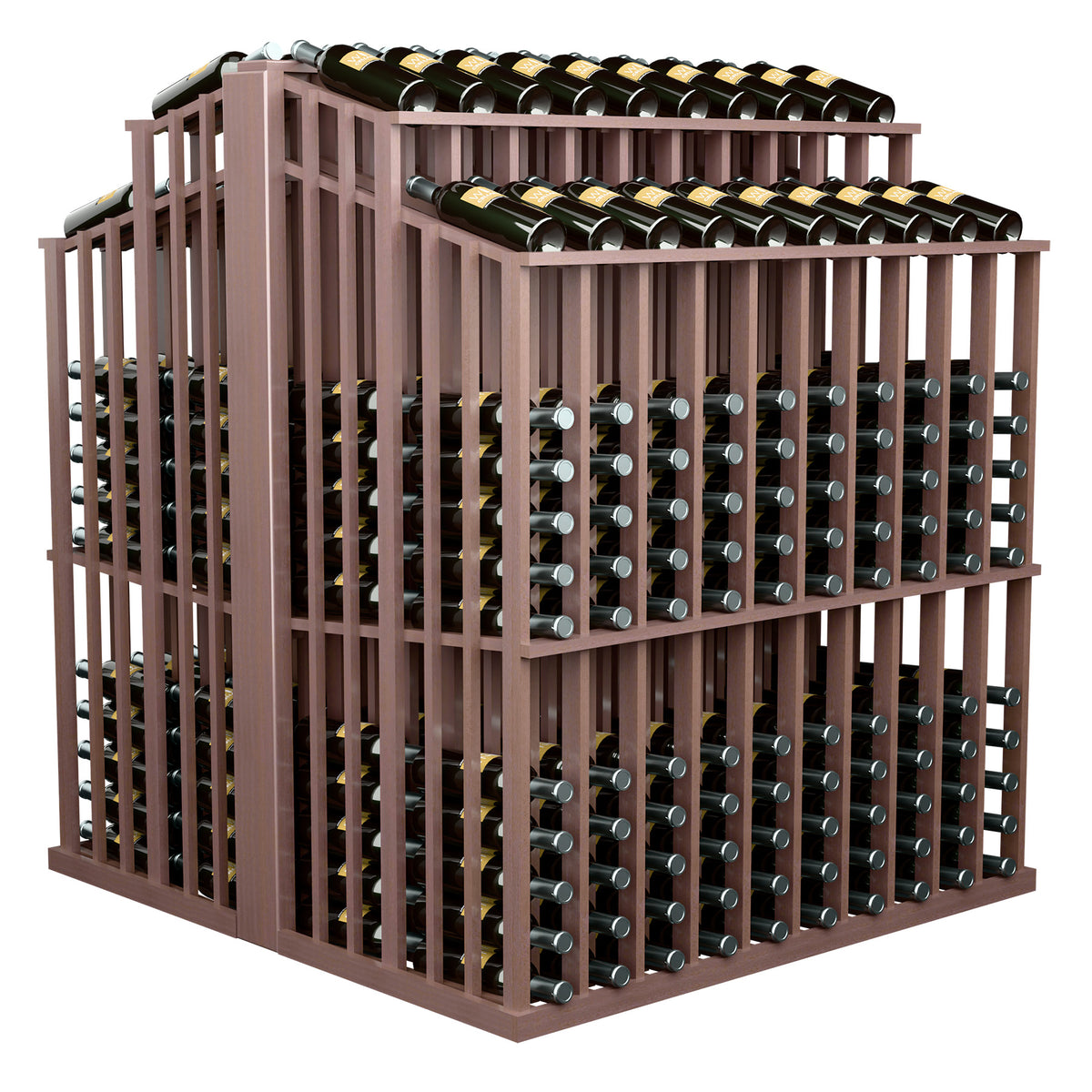 Double-deep wine bottle display rack, dark brown wood tone, side view of bottle holders