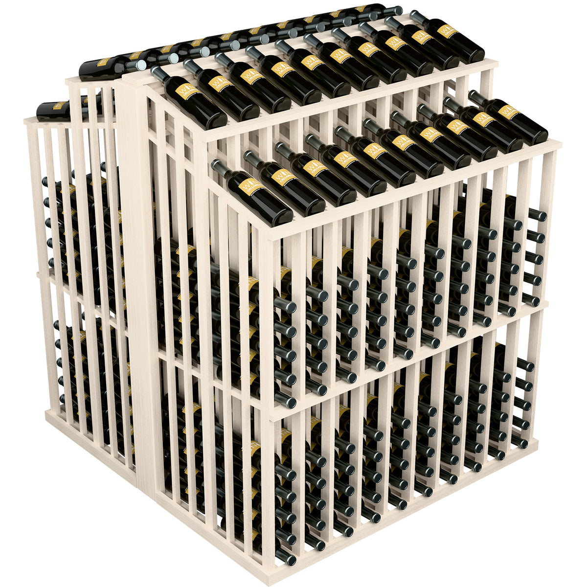Wine bottle double aisle display with white wood slats and green bottle rows