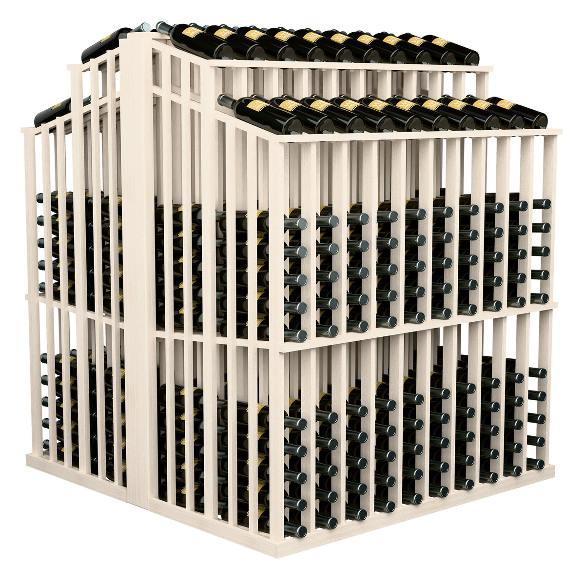 White wine bottle display rack with dark bottles arranged in top and side slots