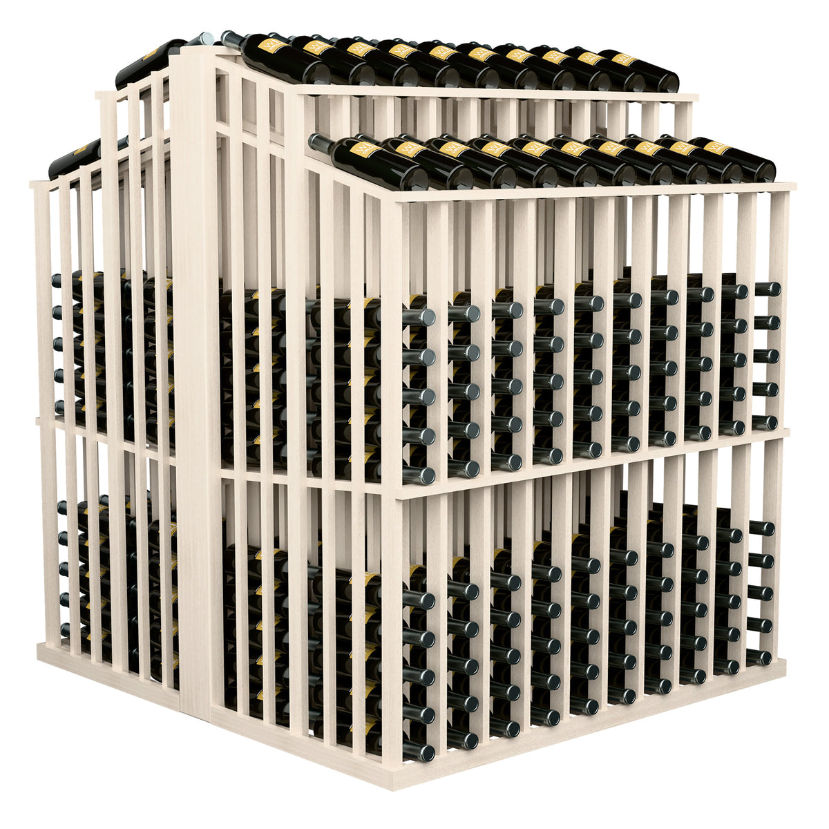 Double-deep wine bottle display rack, light gray wood, side view of bottle holders on two rows