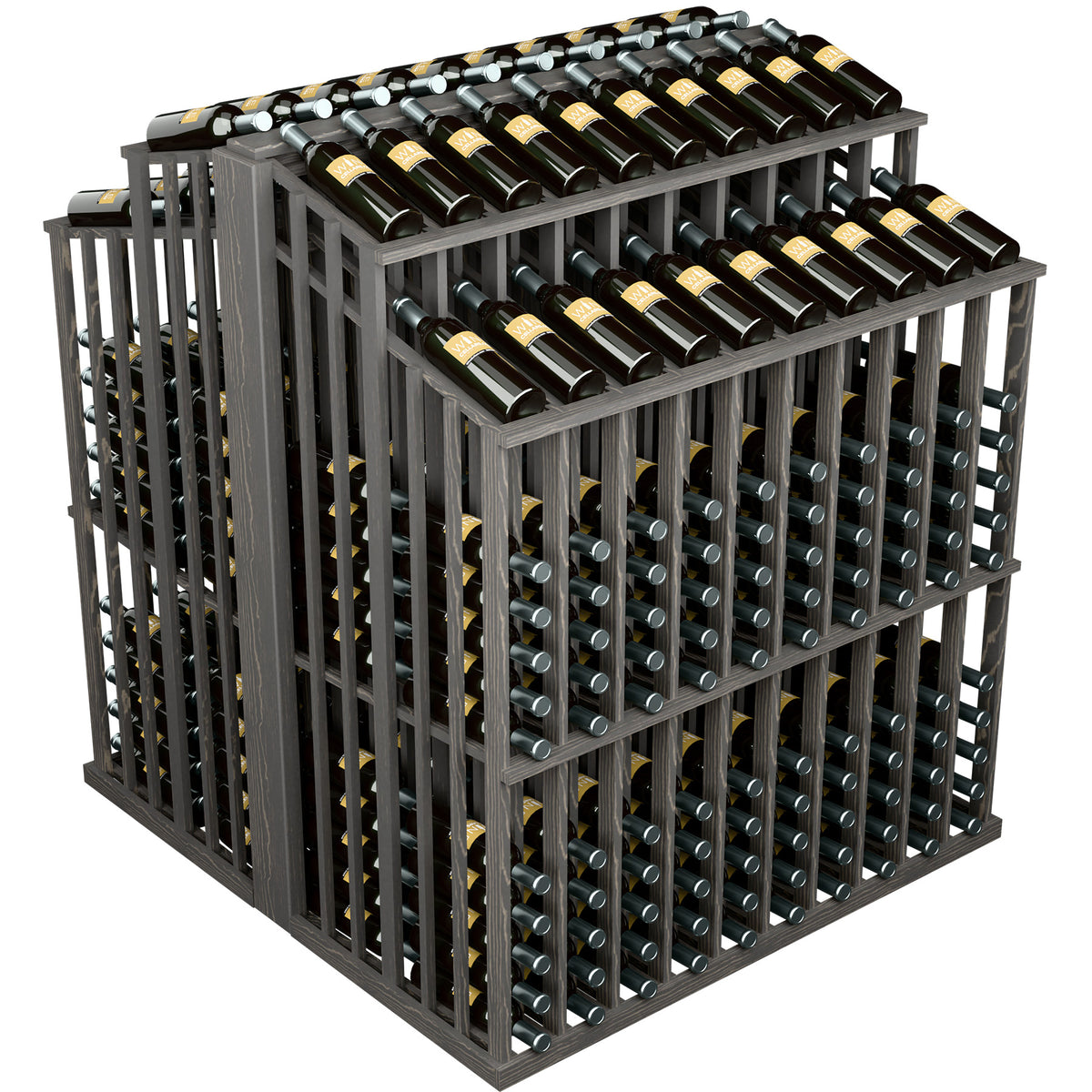 Dark gray wine bottle display rack with two tiers holding green bottles