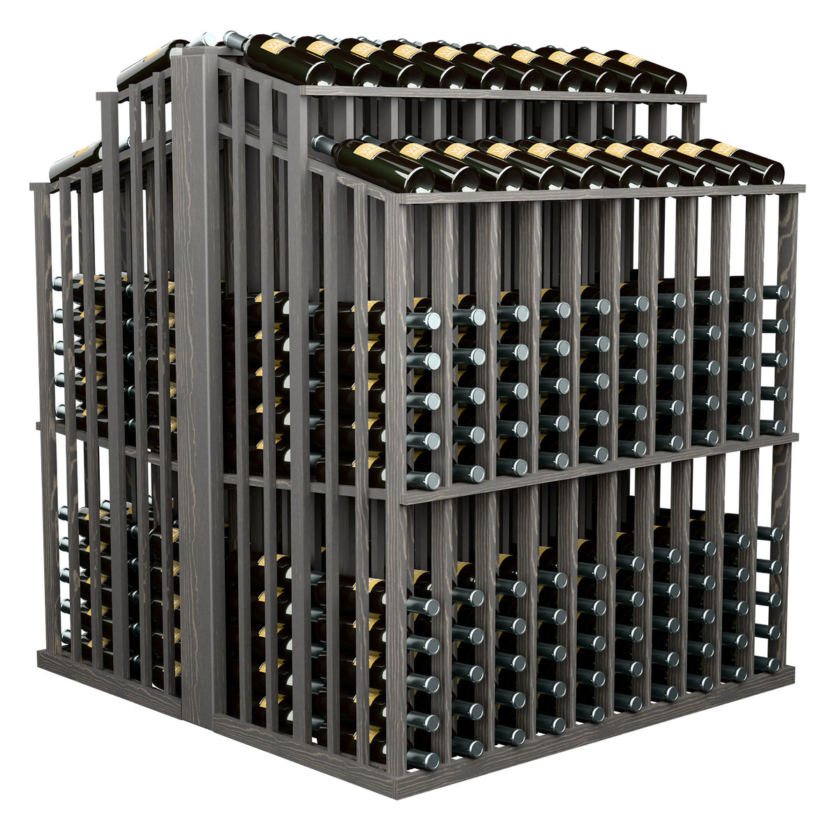 Gray wine bottle display rack with dark bottles in top and front holder rows