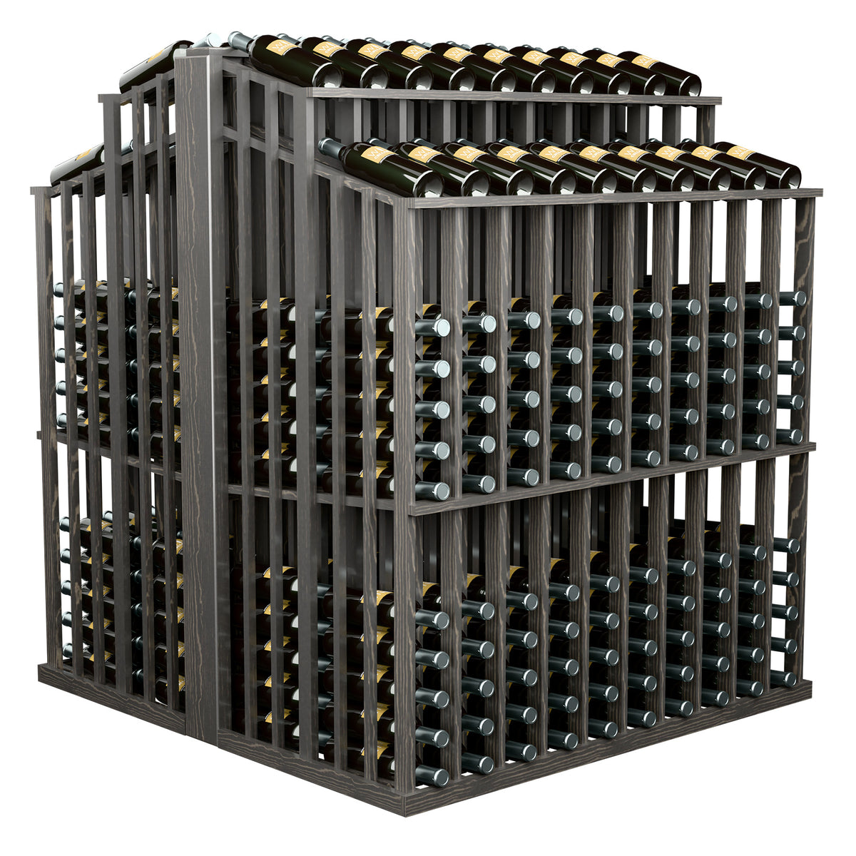 Double-deep wine bottle aisle display rack, grey frame with bottle slots and top row