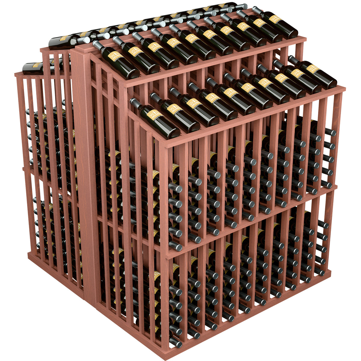 Wine bottle double aisle display with reddish wood slats and two bottle levels