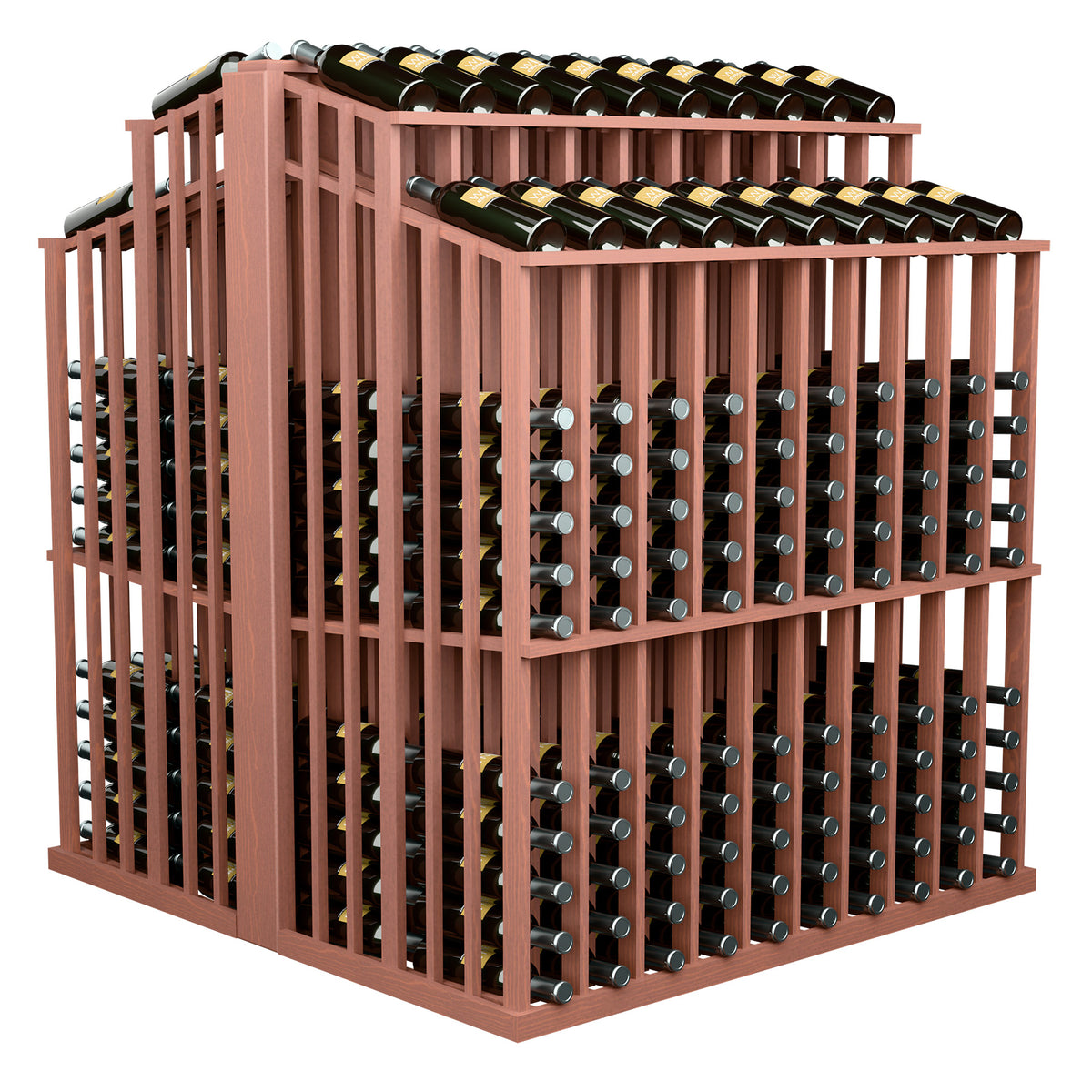 Red-stained wine bottle aisle display rack with front bottle slots and top bottle row