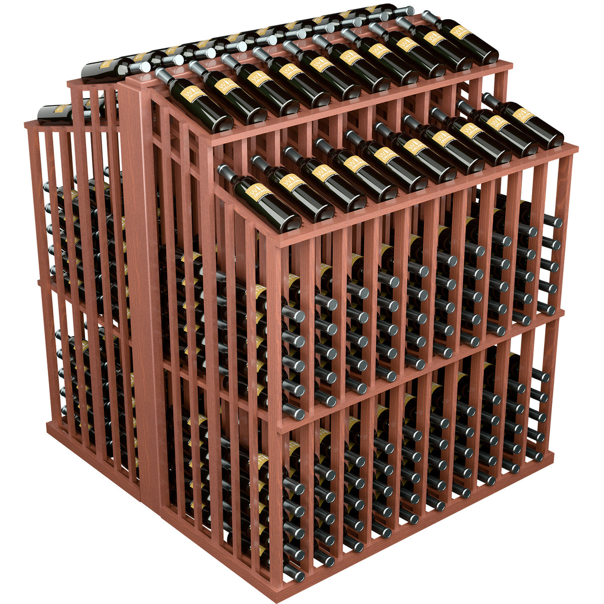Double-deep wine bottle aisle display rack, reddish wood frame with bottle slots and top row