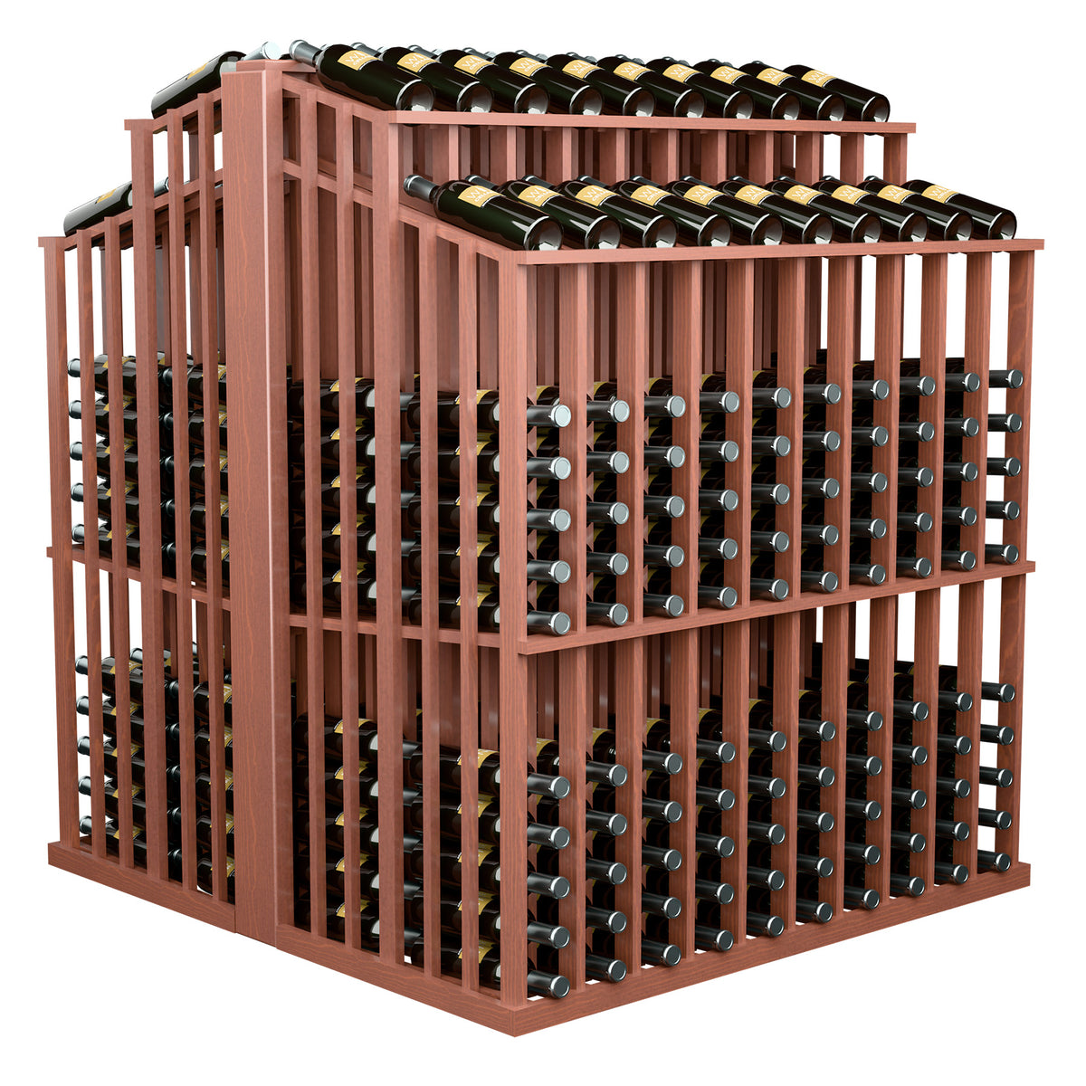 Double-deep wine bottle aisle display rack, reddish wood frame with bottle slots and top row