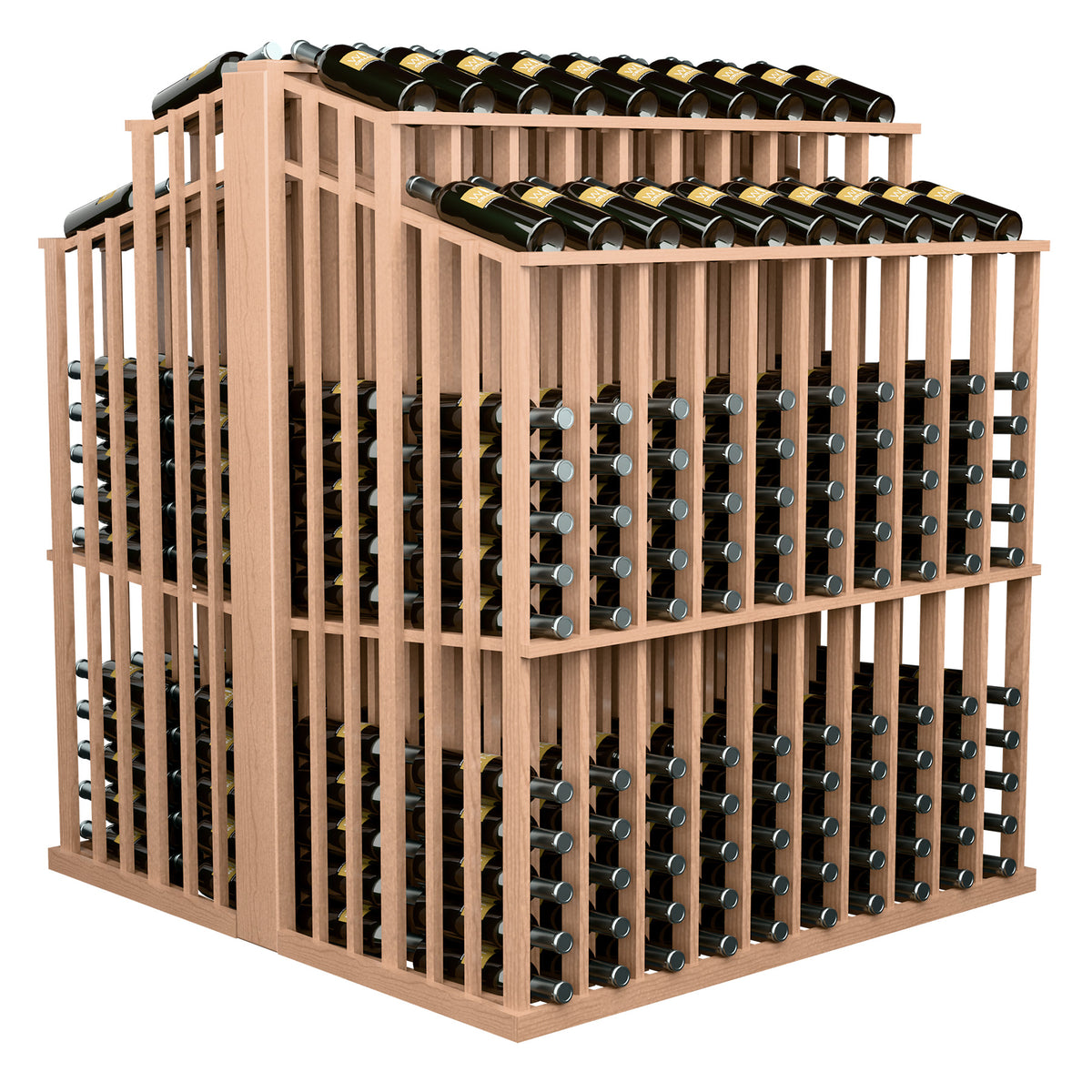 Double-deep wine bottle aisle display rack, pale wood frame with bottle slots and top row