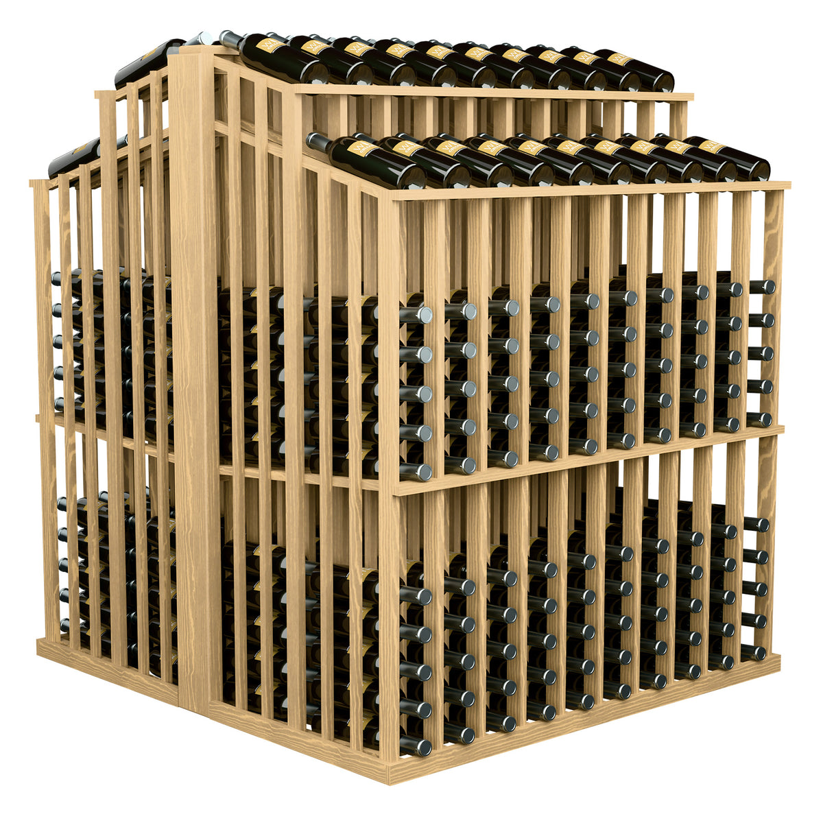 Light wood wine bottle aisle display rack with front bottle slots and top bottle rows