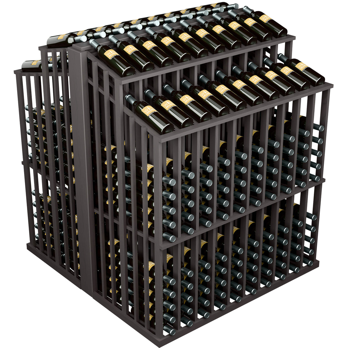 Double-deep wine bottle display rack angled view with green-capped bottles and dark frame