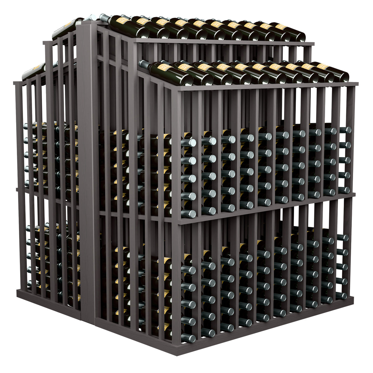 Double-sided wine bottle display rack with green-capped bottles and dark slat frame