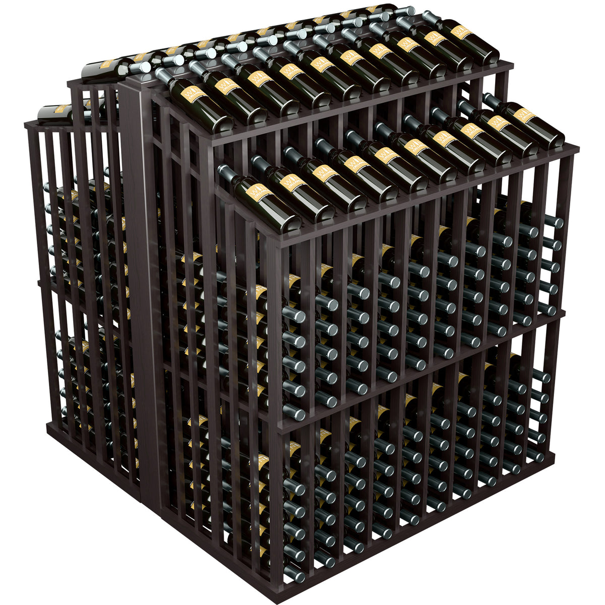 Double-deep wine bottle aisle display rack, dark frame with bottle slots and top row