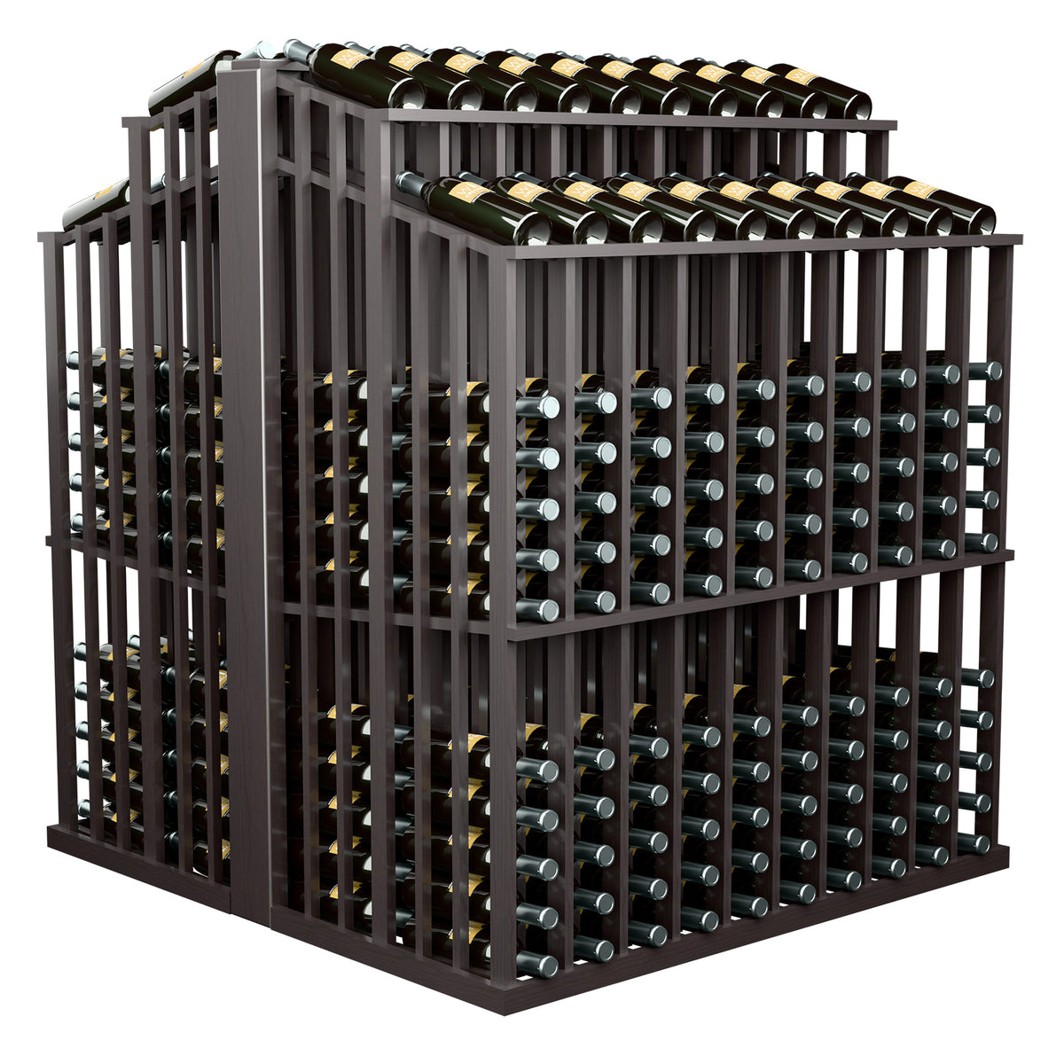 Double-deep wine bottle aisle display rack, grey frame with bottle slots and top row