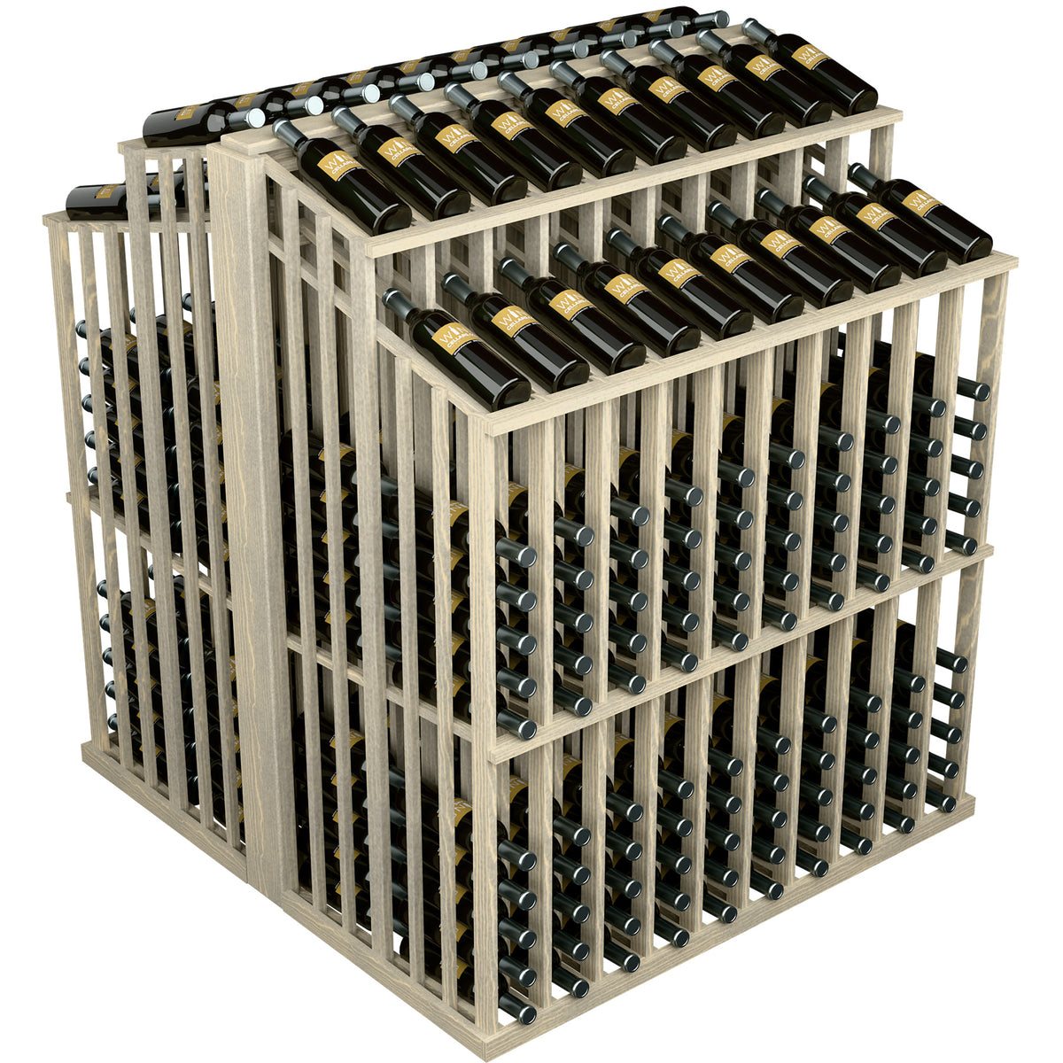 Light wood wine bottle display with side bottle holes and two top bottle rows.