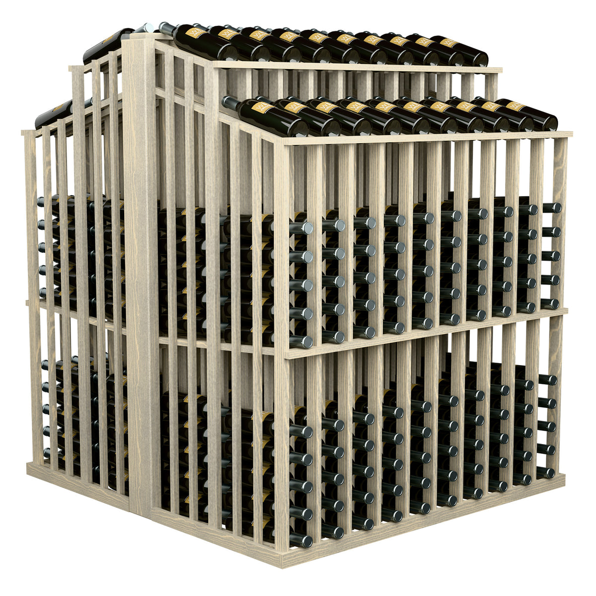 Wine bottle double aisle display with light wood slats and green bottles on top